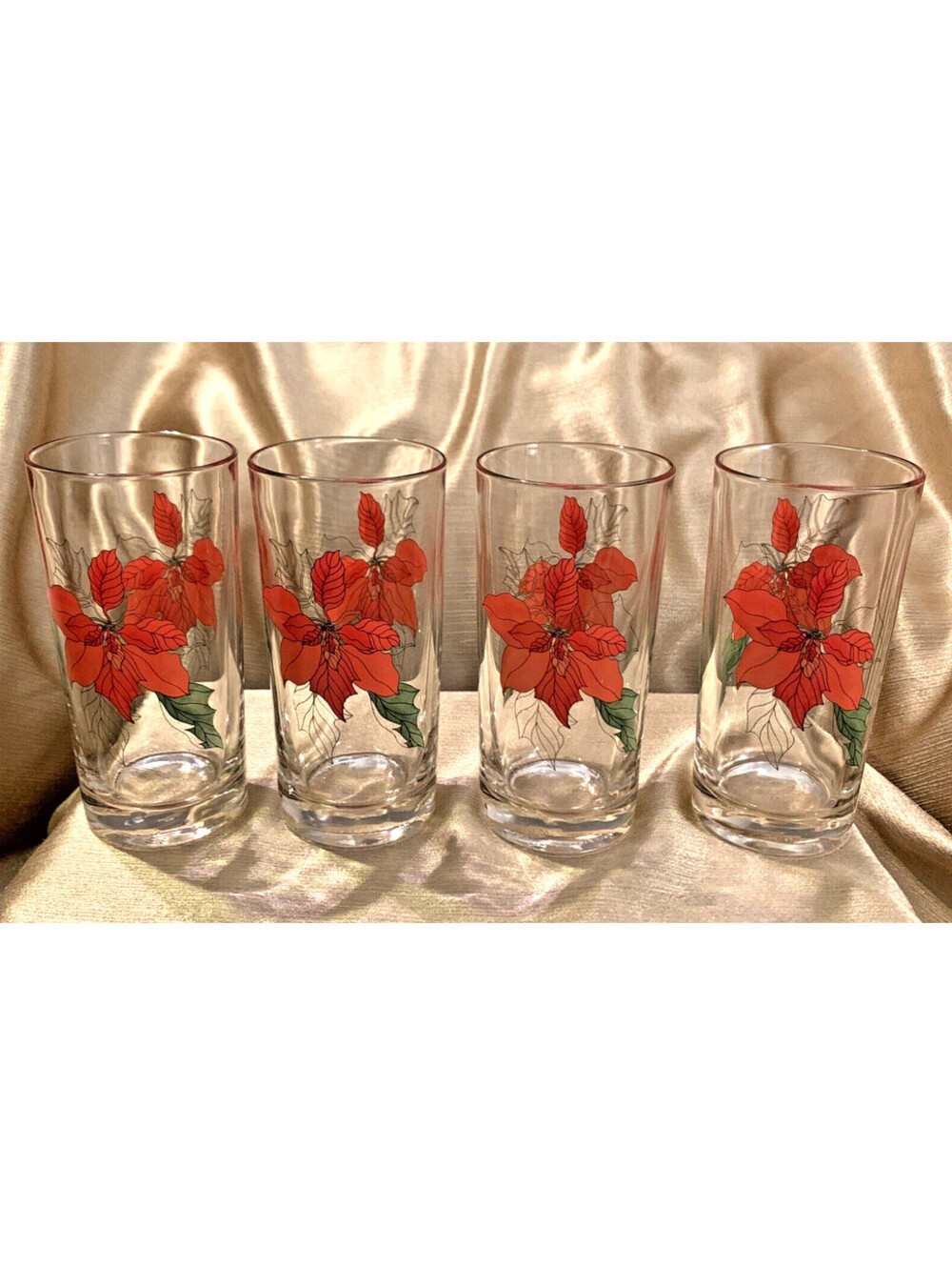 VTG 60s Christmas Tumbler Glass MCM Poinsettia - MINT 4pc 5 3/4" Festive Retro